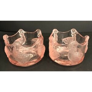 Vintage W Taiwan ROC Pink ART Glass Country Duck Goose Candle Holders Set of 2